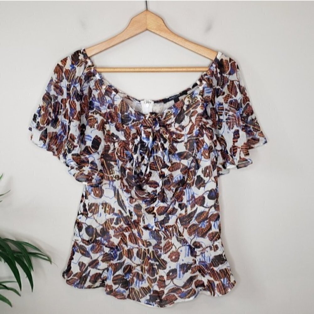 Derek Lam Brown Blue Cream Abstract Floral Print Silk Blouse Size 6